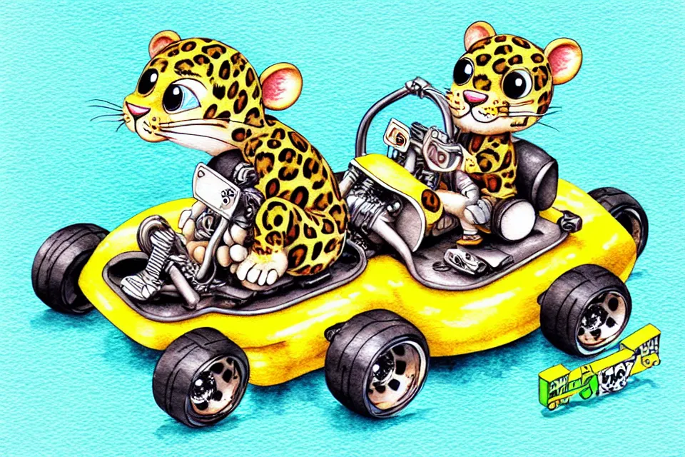 Image similar to cute and funny, baby leopard riding in a tiny go kart with oversized engine, ratfink style by ed roth, centered award winning watercolor pen illustration, isometric illustration by chihiro iwasaki, edited by range murata, tiny details by artgerm and watercolor girl, symmetrically isometrically centered