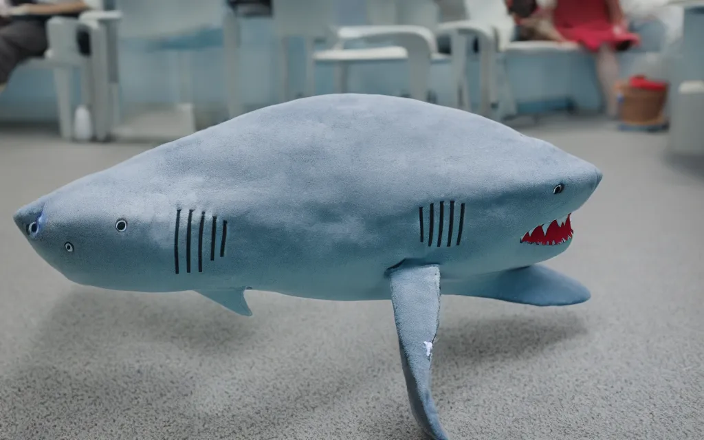 Image similar to Shark plush sitting in the doctors waiting room, stuffed toy, fish, good lighting, 50mm, depth of field