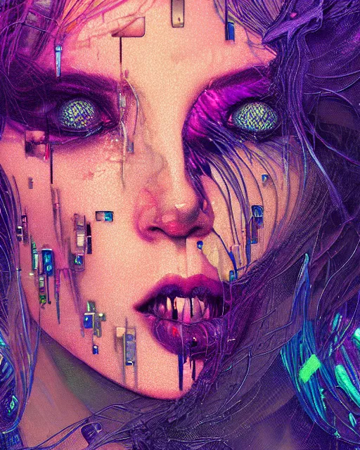 Prompt: glitch art close up portrait vampire, glitches, vaporwave, highly detailed, very intricate, graphical errors, neon glitch, chromatic aberration, harsh lighting, award - winning, unreal engine 5, illustration by mandy jurgens and alphonse mucha and alena aenami, glitch color palette, featured on artstation