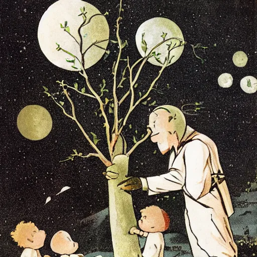 Image similar to A man cuts an osmanthus tree on the moon, surrounded by many small white rabbits.