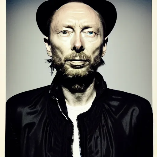 Image similar to Thom Yorke, a man with a beard and a black jacket, a portrait by John E. Berninger, dribble, neo-expressionism, uhd image, studio portrait, 1990s