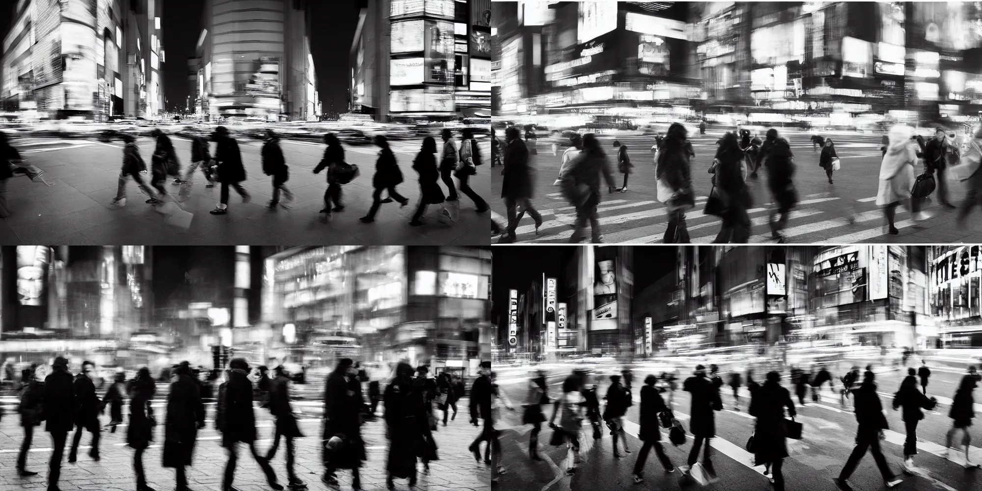 Prompt: multiple people walking in the city by richard avedon. shibuya crossing. street photography. black and white. ilford delta. long exposure, motion blur.