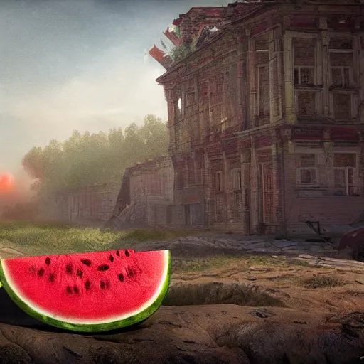 Image similar to Very very very very highly detailed Watermelon as military vehicle with epic weapons, on a battlefield in russian city as background. Photorealistic Concept 3D digital art in style of Caspar David Friedrich, super rendered in Octane Render, epic dimensional light