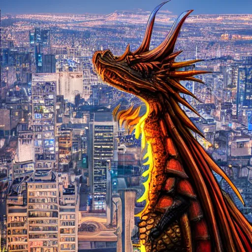 Prompt: photo of a fantasy dragon on top of a building, breathing fire to the city below, highly detailed, high quality, HD, 4k, 8k, Canon 300mm, professional photographer, 40mp, lifelike, top-rated, award winning, realistic, sharp, no blur, edited, corrected, trending