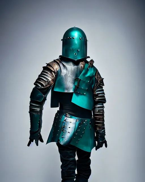 Prompt: an award - winning photo of a male model wearing a baggy teal distressed medieval menswear leather jacket slightly inspired by medieval armour designed by alexander mcqueen, 4 k, studio lighting, wide angle lens