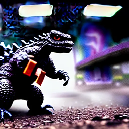 Image similar to a small godzilla running in a subway, photorealistic, macro lens, close-up