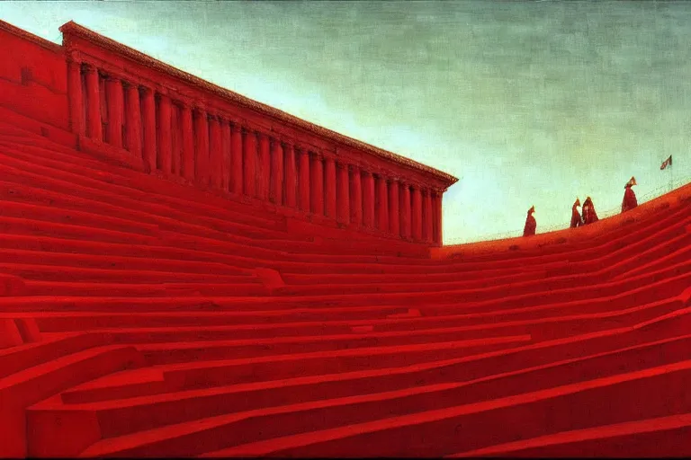 Image similar to only with red, a red great emperor, taormina amphitheatre, crowd with big smile, in the style of beksinski, parts by edward hopper, parts by rodcenko, parts by yue minjun, intricate and epic composition, red by caravaggio, insanely quality, highly detailed, masterpiece, red light, artstation, 4 k