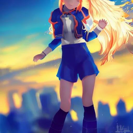 Image similar to Splash art Anime loli, blond hair with pigtails, blue coat and black shorts, she flies by using blue neon powers through the city. Cinematic sunset, faint orange light. Amazing piece Trending on Artstation