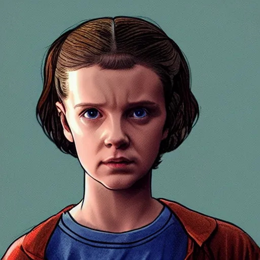 Image similar to Concept art, Eleven from 'Stranger Things' Season 3 (2019), with long hair, conjuring a magical miniature sun in her hand