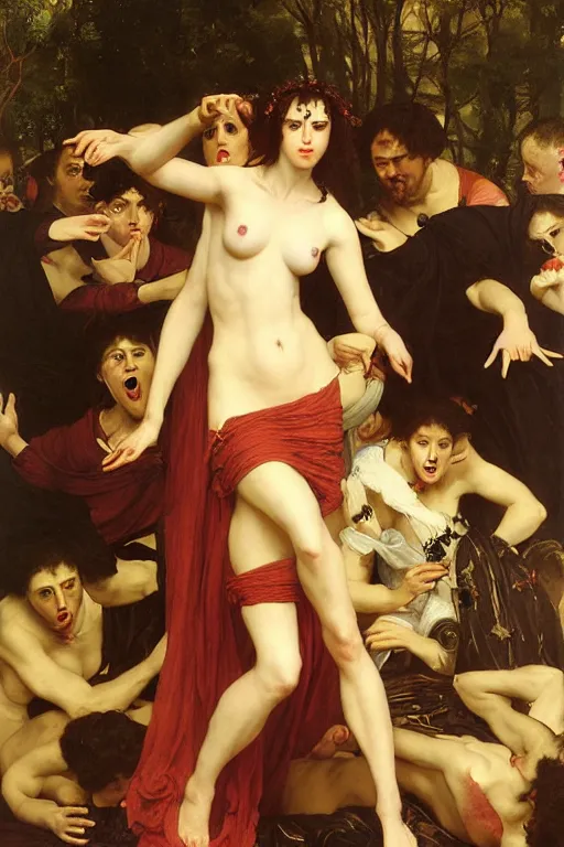 Image similar to a renaissance oil painting by alma tadema of demonic beautiful vampire woman mistress of death mourning widow running in fear from a group of muscular gigachad men, faint smile dark lipstick, dark lit candles, colourful pastel trending artstation, detailed portrait academic bouguereau caravaggio high shadow contrast medium shot