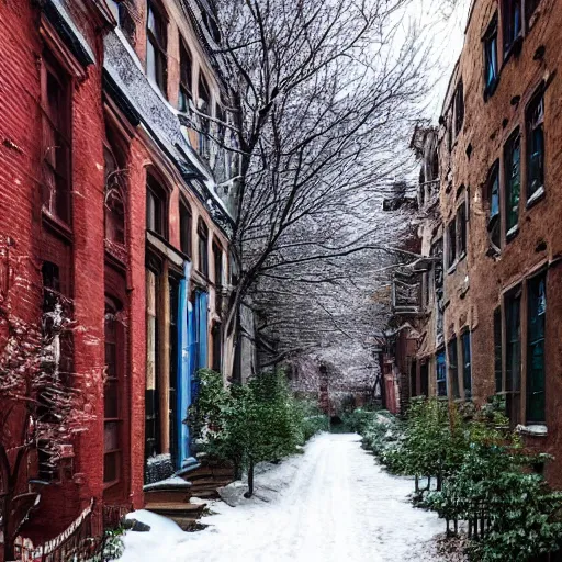 Prompt: snowy, between two 1 9 th century brooklyn brownstone buildings, a surreal small twilight driftwood - sculpture garden, thorny rose - brambles, lambent bubble - birds, tiny mystery, tiny magic, serene overcast atmosphere, midnight - blue, cel - shading, cinematic, edge - to - edge print