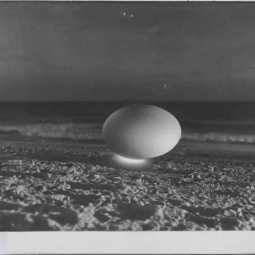 Prompt: an early 1 9 0 0 s photograph of an alien peeking out from a levitating luminescent alien egg on the beach, moonlight, at nighttime,