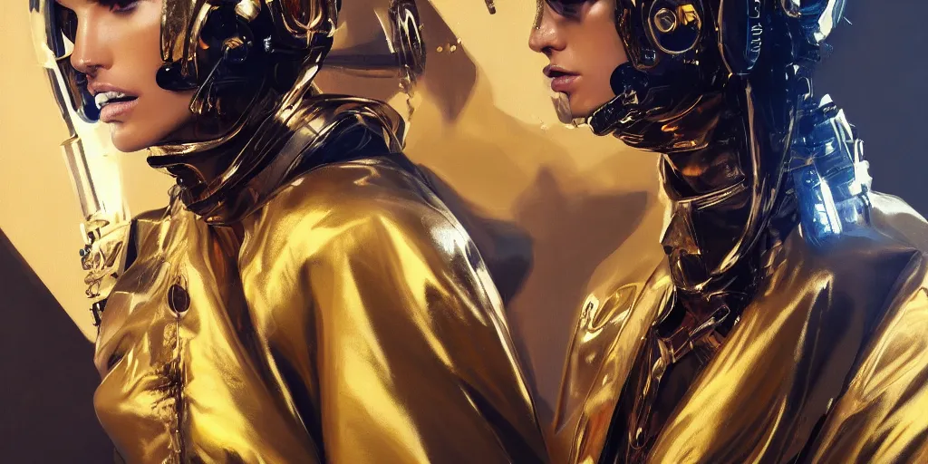 Image similar to cyberpunk, cyberspace, portrait of alessandra ambrosio in gold space suit, painted by bobby chiu, painted by igor kieryluk, digital art, trending on artstation