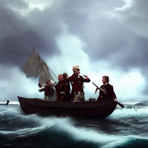 Image similar to bonnie prince charlie being sent off in a small boat amidst crashing waves while scotsmen help him, 4 k, concept art, by wlop, ilya kuvshinov, artgerm, krenz cushart, greg rutkowski, pixiv. cinematic dramatic atmosphere, sharp focus, volumetric lighting, cinematic lighting, studio quality