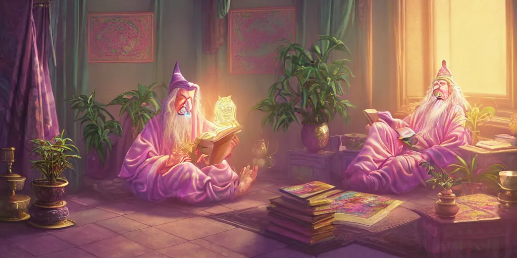 Image similar to a pastel painting of a wizard, ornate robes, lounging on a purpur pillow on the marbled checkered floor in her study room reading an ancient tome. to the side is a potted plant, moody candlelit raytracing. ancient oriental retrofuturistic fantasy setting. 4 k key art. by yoshitaka amano and mark tedin
