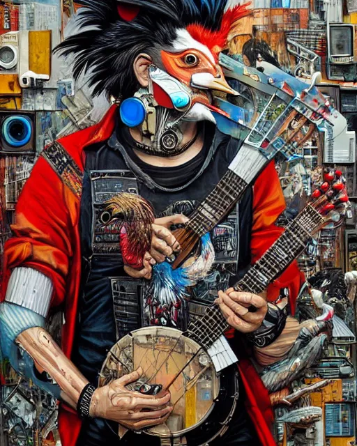 Image similar to a portrait of an anthropomorphic cyberpunk rooster shredding a banjo by sandra chevrier, by jon foster, detailed render, tape deck, epic composition, cybernetics, 4 k realistic, cryengine, realistic shaded lighting, sharp focus, masterpiece, by enki bilal