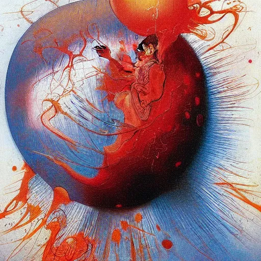 Image similar to a sphere being devoured by abstract splatters of paint in the style of francis bacon, venus being engulfed in flames in the style of james jean, surreal, beksinski, high detailed