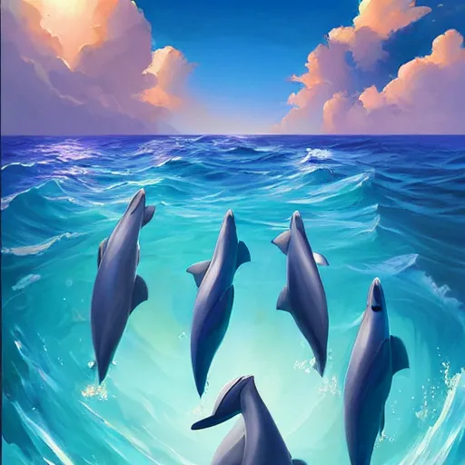 Image similar to a painting of a group of dolphins swimming in the ocean by rhads, deviantart contest winner, fantasy art, lovecraftian, 2 d game art, artstation hq.