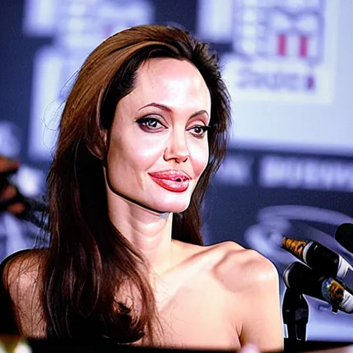 Prompt: oil painting of angelina jolie holding a press conference to announce herself as the director and star of the new batman movie. hollywood, 2 0 0 4.