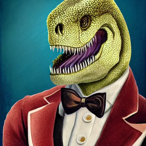 Prompt: old vintagge, t - rex, formal portrait