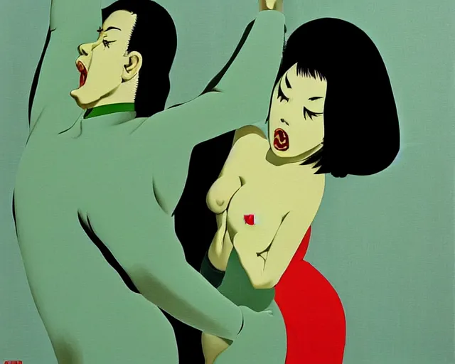 Image similar to a terrifying, disturbing painting by Hiroshi Nagai. Reg, green, and black