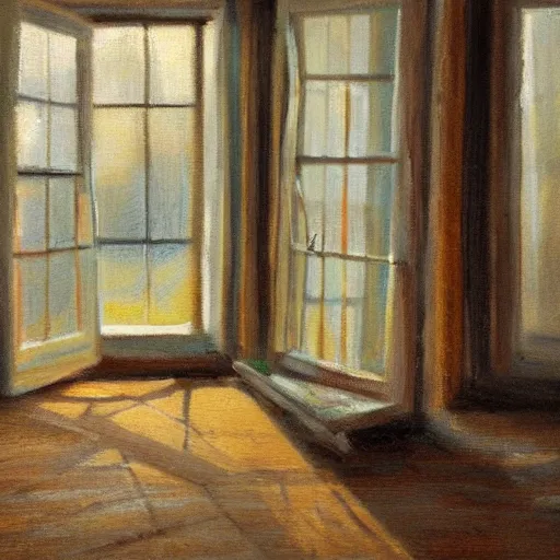 Image similar to oil painting of mostly empty cottage interior, one small window with sunlight shining onto the floor. artistic. cozy. wooden floor. rustic.