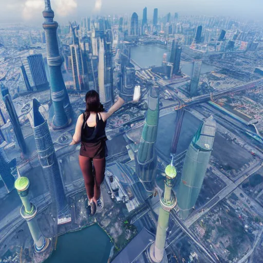 Prompt: a girl flying upon shanghai lujiazui, cityscape, cloud day, artstation, 8 k