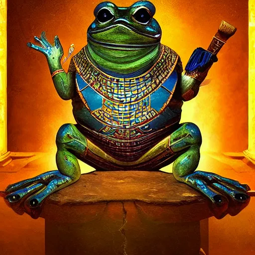 Prompt: ancient egyptian god of frogs, armored frog, holy religious portrait, artstation, oil painting