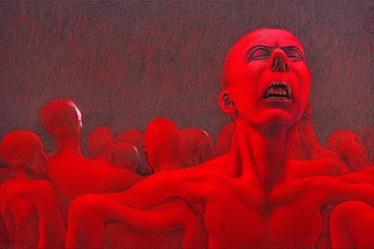 Image similar to only with red, a red great emperor, taormina amphitheatre, expressive crowd with big smile, in the style of beksinski, parts by edward hopper, parts by rodcenko, parts by yue minjun, intricate and epic composition, red by caravaggio, insanely quality, highly detailed, masterpiece, red light, artstation, 4 k