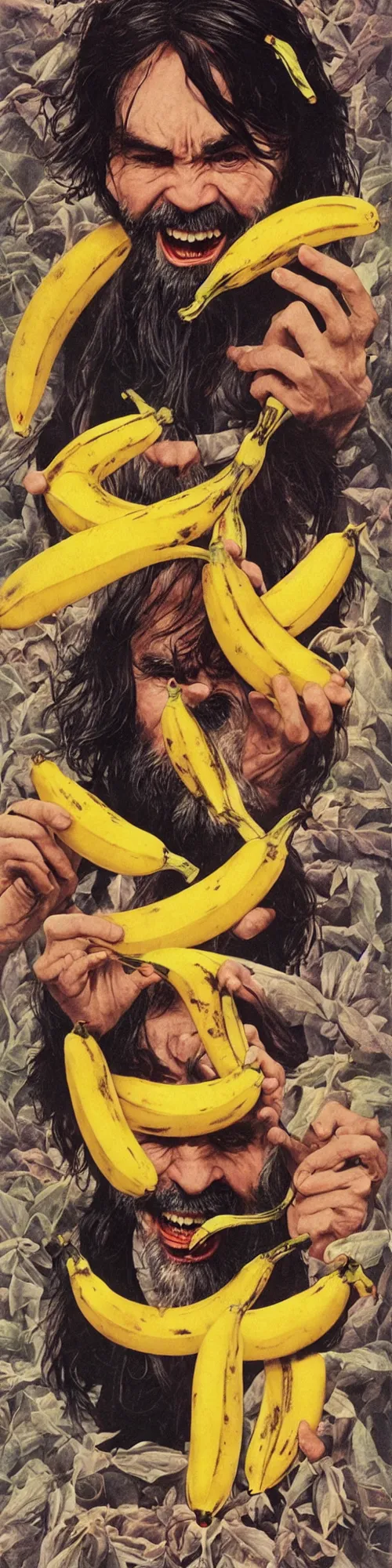 Image similar to vintage magazine advertisement depicting charles manson slipping on a banana peel, by alex grey