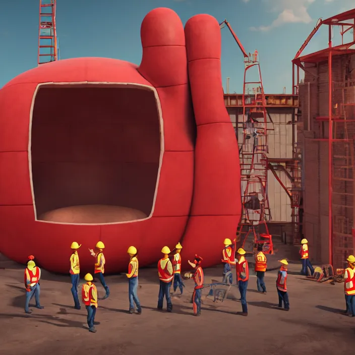 Image similar to crew of workers in red overalls building giant mickey mouse head in small workshop, octane render, 4 k ultra hd, hyper - detailed, realistic, low lighting, sharp focus, in style of beeple