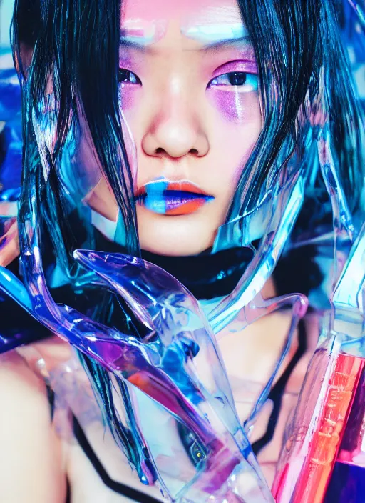 Prompt: a close-up risograph long shot of cyberpunk japanese model girl with black eyes and pretty face wearing lots of transparent and cellophane accessories, blue hour, twilight, cool, portrait, Kodachrome, ISO1200,