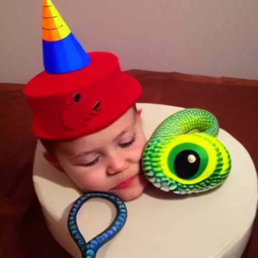 Prompt: cute snake with a birthday cap on, birthday