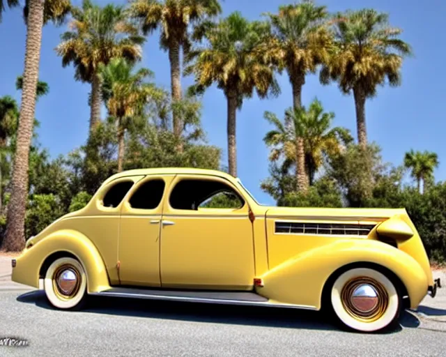 Prompt: 1 9 3 7 pontiac sedan, tan, palm trees in the background