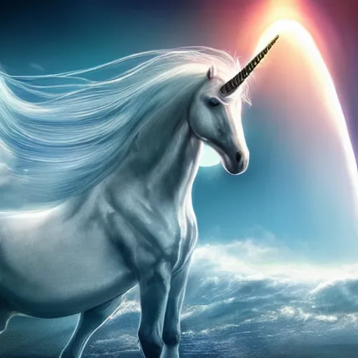 Image similar to a portrait of beautiful unicorn with his whole body covered by a 1 0 meter long translucent iridiscent veil, floating dramatically with the wind, beautiful cosmic light, expensive unreal engine 5 digital art for a movie poster