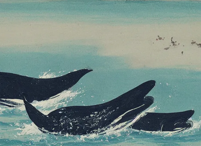 Image similar to a painting of a pair of whales by Qi Baishi