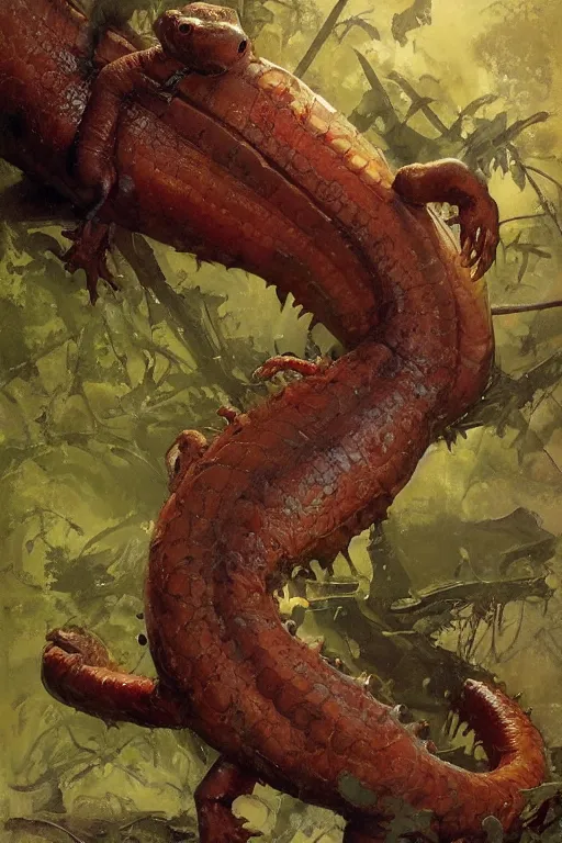 Prompt: full body portrait of huge slimy bipedal salamander, by norman rockwell, jack kirby, jon berkey, earle bergey, craig mullins, ruan jia, jeremy mann, tom lovell, marvel, astounding stories, 5 0 s pulp illustration, scifi, fantasy, artstation creature concept