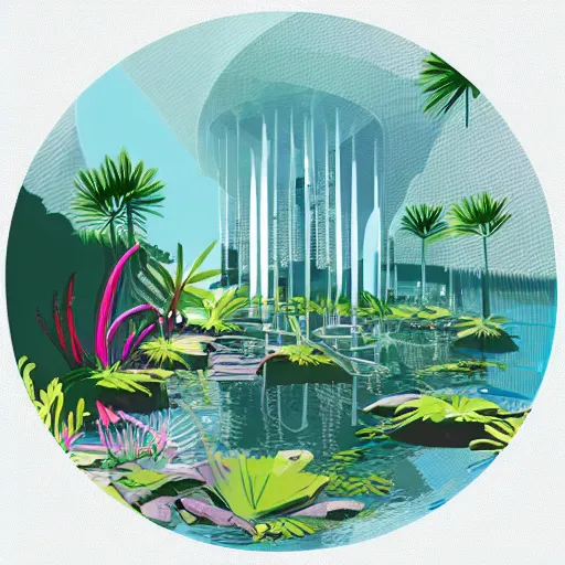 Image similar to beautiful happy picturesque charming organic futuristic sci - fi city integrated in nature. water and plants. beautiful light. grainy and rough. soft colour scheme. beautiful artistic vector graphic design by lurid. ( 2 0 2 2 )