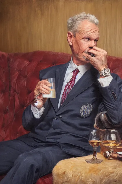 Image similar to still from tv show, retired barney, sitting in a lounge, sipping whiskey and smoking a cigar, oil on canvas, intricate, portrait, 8 k highly professionally detailed, hdr, cgsociety