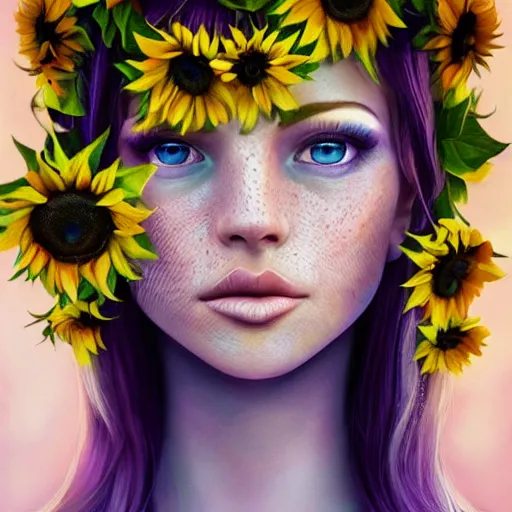 Image similar to a beautiful stunning matte digital portrait illustration of a blue-eyed woman with freckles and violet hair wearing a yellow sunflower crown, in the style of Ross Tran, trending on artstation, contest winner