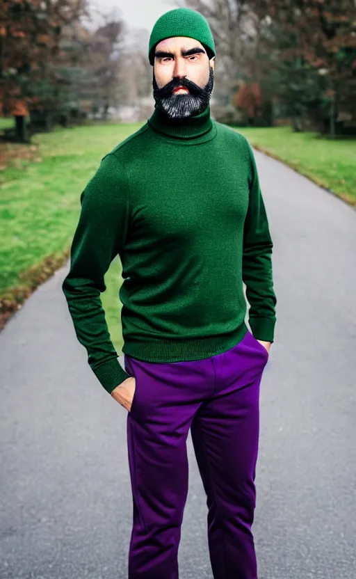 Prompt: a man with a chin - style dark brown beard without mustache in a dark black cap, green turtleneck, purple pants and super white sneakers in full height, perfect face, mark vanderloo face, photography, ultra detailed, sharp focus, perfect eyes