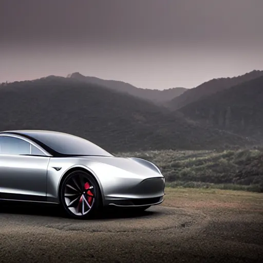 Image similar to a v 8 sport car designed by tesla, outdoor magazine, ambient light, fog