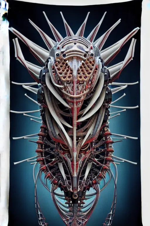 Prompt: a centered uncut fullbody frontview portrait of a robotic predator headed biomechanical creature by clogtwo and subjekt zero feat paul lewin and ø - cult. intricate detailed sharp clean textured very ornated. indian style tapestry design. hd. 4 k. lowbrow color palette