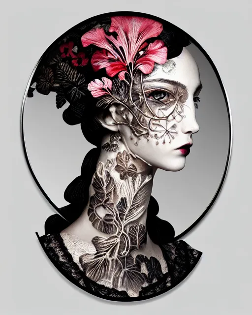 Image similar to monochrome profile portrait painting, dutch masters, silver lace floral steampunk biomechanical beautiful young female cyborg with one fluo techno eye, monocular, volumetric light, leaves foliage and stems, hibiscus flowers, rim light, big gothic fashion pearl embroidered collar, 8 k