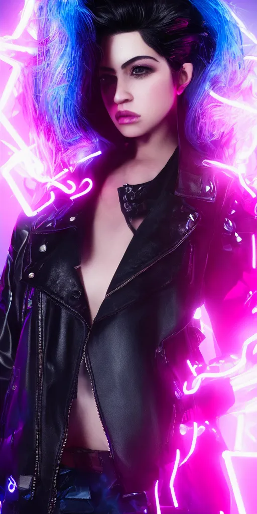 Prompt: a portrait of a black haired female rock star in high heels and a black leather jacket, pink and blue neon, cinematic lighting, trending on artstation, 4k, hyperrealistic, focused, extreme details, unreal engine 5, cinematic, masterpiece