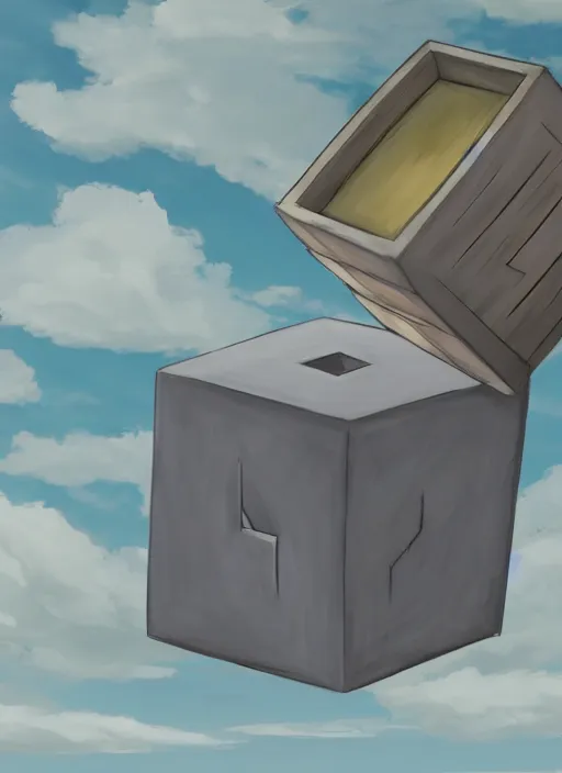 Image similar to a cell - shaded studio ghibli concept art study of a grey cube in the sky. a fighter shot is chasing the cube. wide shot, very dull colors, hd, 4 k, hq