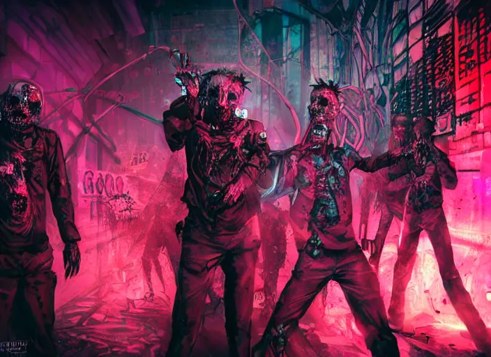 Prompt: neo-futuristic cinematic cyberpunk undead gay zombie men at a neon rave, cyberhorror-punk, stunning, horror art, dark tones, film still, cgsociety, scary, creepy, wow, artstation, 8k, high gloss, Horror, ultra detailed, character art, concept art, DnD art, cinematic detailed, nightmare machine, godmachine, trending on artstation, unreal engine 5 rendering, cinematic, greig fraser cinematography, epic composition