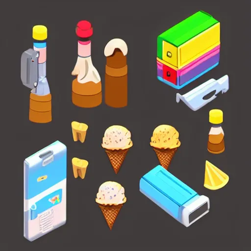 Image similar to isometric concept art of ice cream gun for mobile game