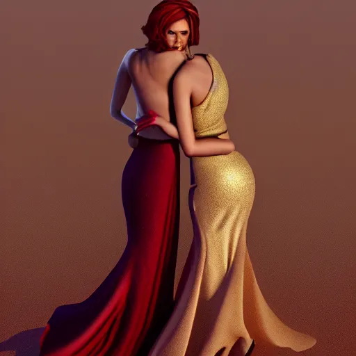 Image similar to woman love woman, sweet hugs, royal dress, gold trim, atmoshperic, elegant, sharp focus, sand sea, red sun, by 3 8 0 light & color female reference pictures, trending on artstation, intricate details