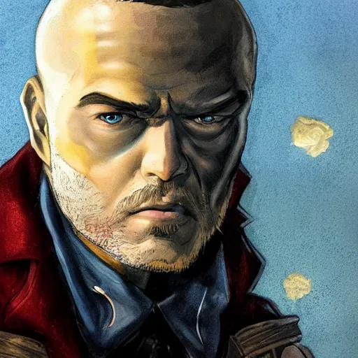 Prompt: beautiful portrait of a man with a short-beard (looking like joshua jackson), in the style of Enki Bilal and Joe Jusko and Alex Ross, trending on artstation